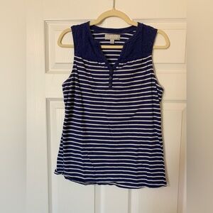 Carolyn Taylor Blue and White 100% Cotton Sleeveless V-Neck Tank Top, Large
